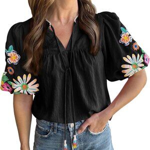 Women's Casual Floral Embroidered V Neck Boho Puff Short Sleeve Shirts Loose Tun